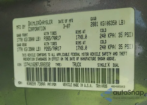 2007 Dodge Ram 1500 Slt/Trx4 Off Road/Sport from USA, damaged, VIN 1D7HU16287J592232